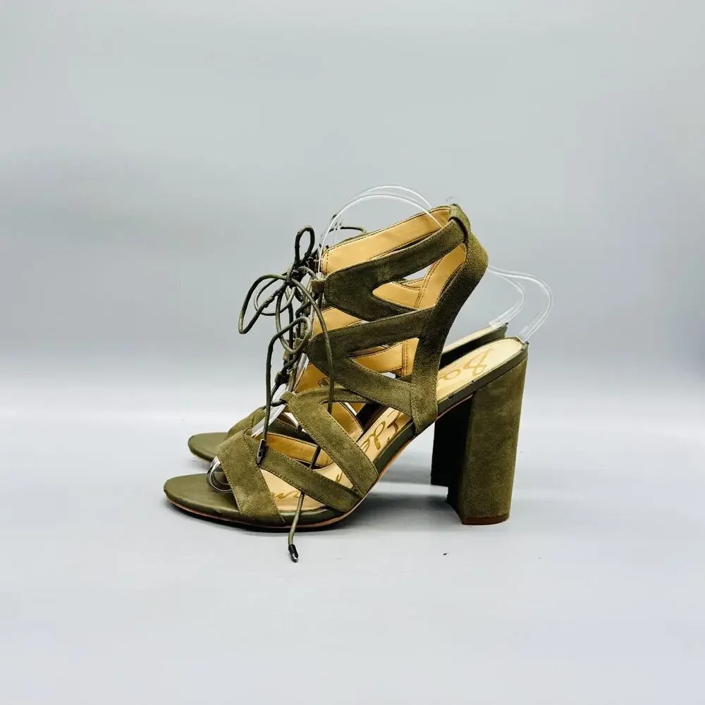 Sam Edelman Sandals Womens 7.5 Green Suede Lace Up Yardley Block Heel Shoes